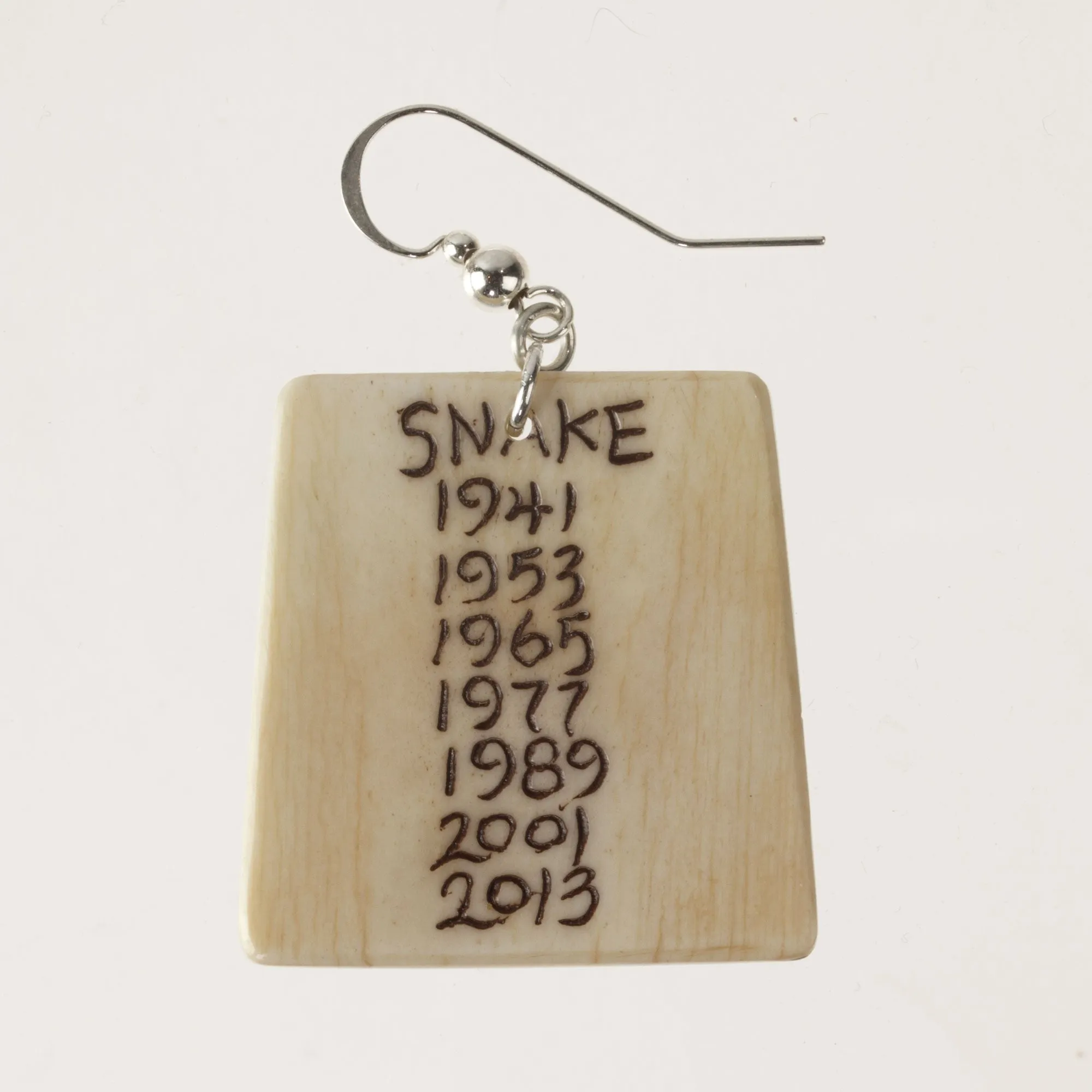 Chinese Zodiac Serpent Dangle Earrings. Vintage. Carved, painted bone. j-eriv918