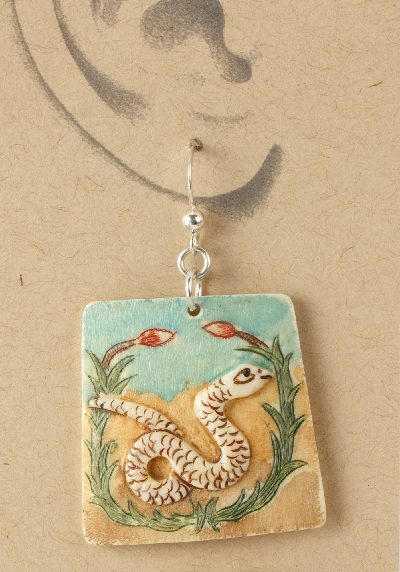 Chinese Zodiac Serpent Dangle Earrings. Vintage. Carved, painted bone. j-eriv918
