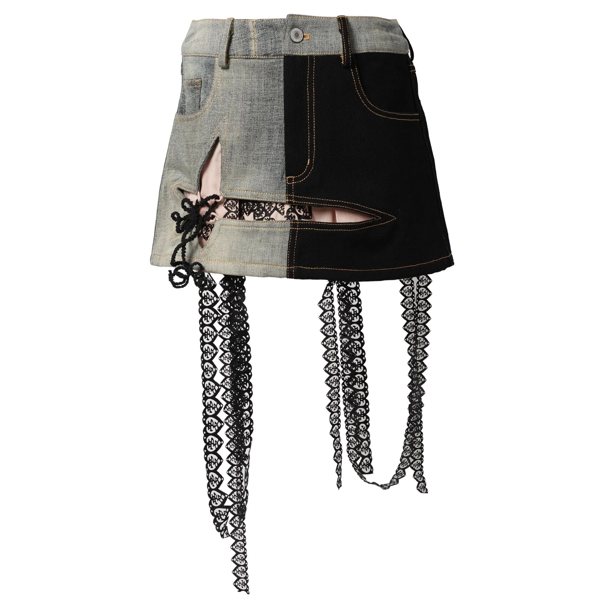 CUT-OUT UPCYCLED DENIM MINI SKIRT / BLACK/GREY/NUDE