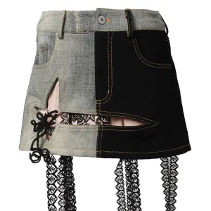 CUT-OUT UPCYCLED DENIM MINI SKIRT / BLACK/GREY/NUDE