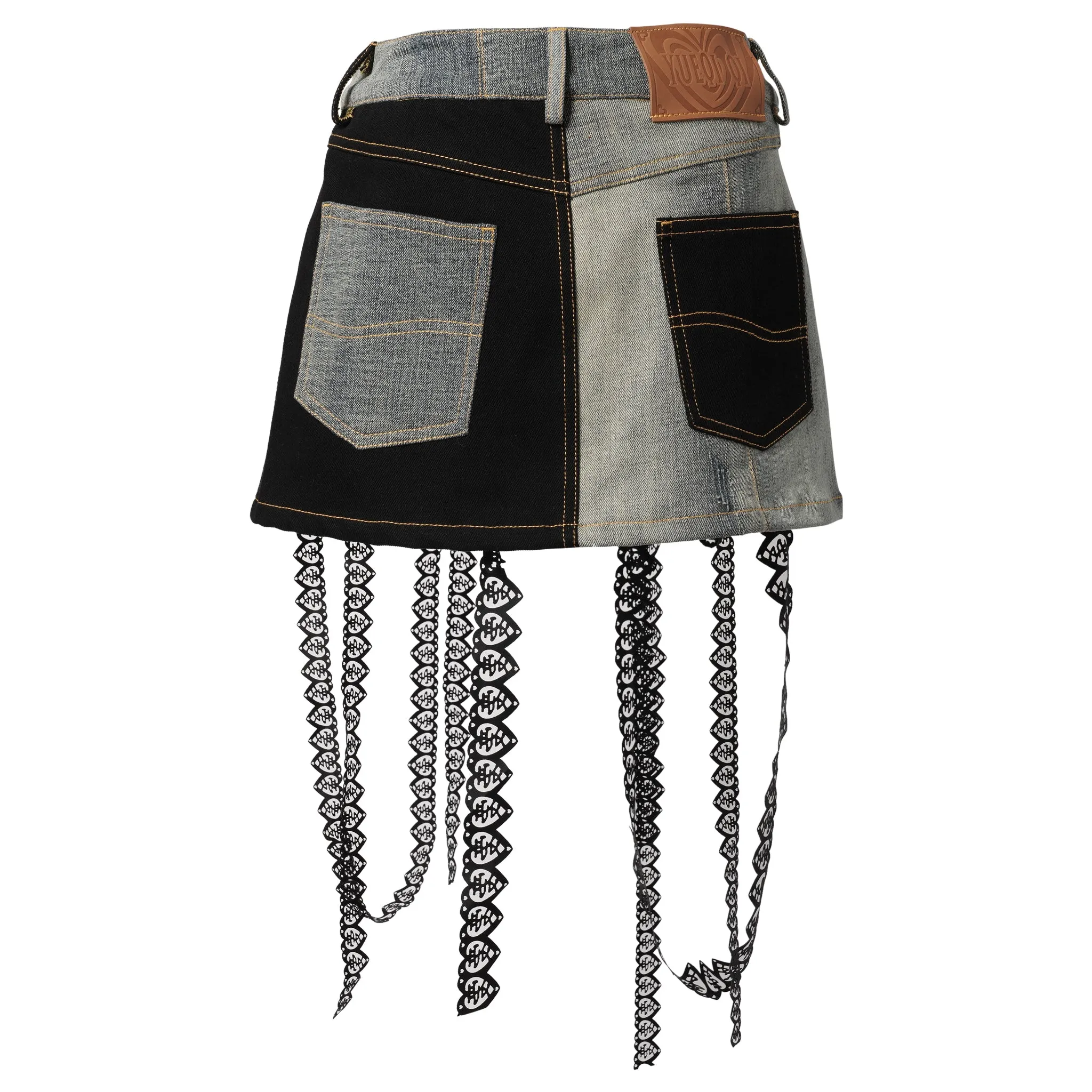 CUT-OUT UPCYCLED DENIM MINI SKIRT / BLACK/GREY/NUDE