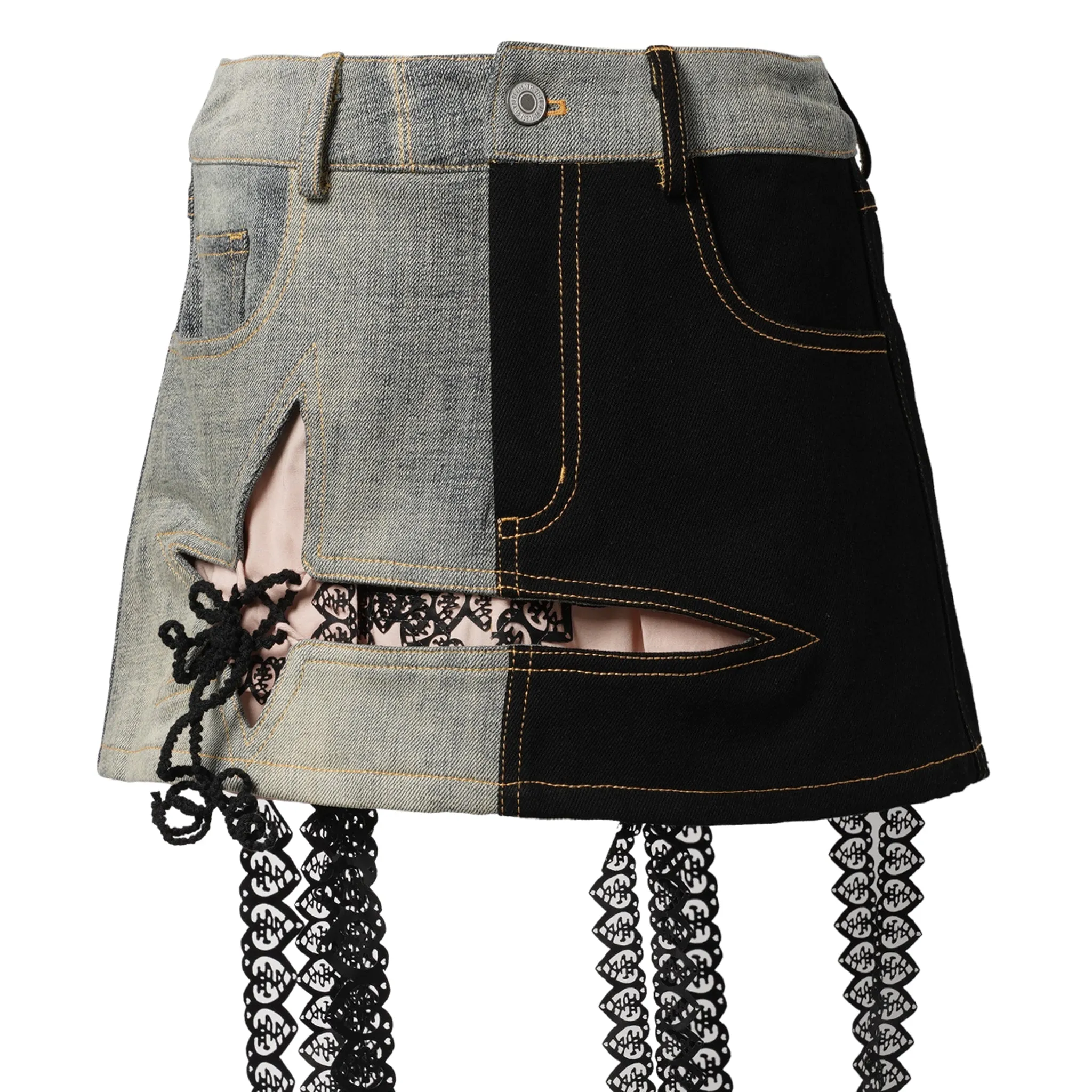 CUT-OUT UPCYCLED DENIM MINI SKIRT / BLACK/GREY/NUDE