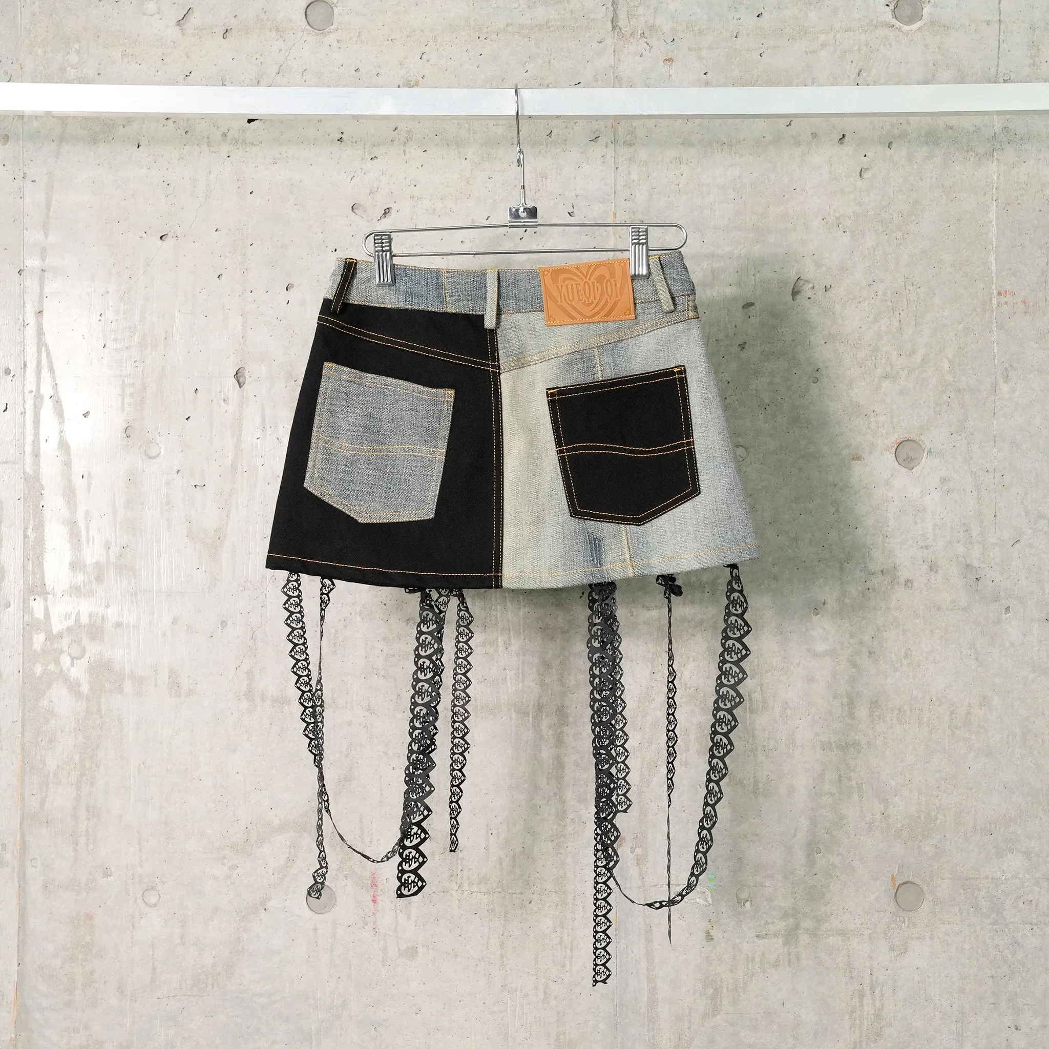 CUT-OUT UPCYCLED DENIM MINI SKIRT / BLACK/GREY/NUDE