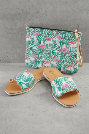 Flamingo Printed Slide and Clutch Set