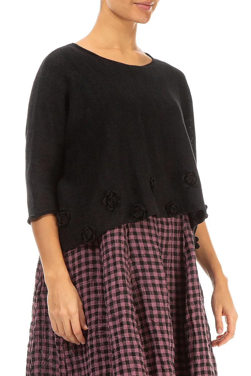 Flowers Decorated Black Linen Jumper