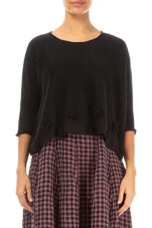 Flowers Decorated Black Linen Jumper
