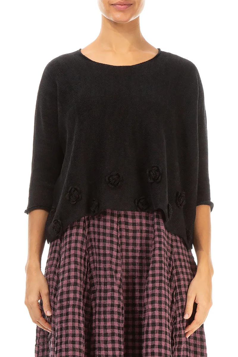 Flowers Decorated Black Linen Jumper