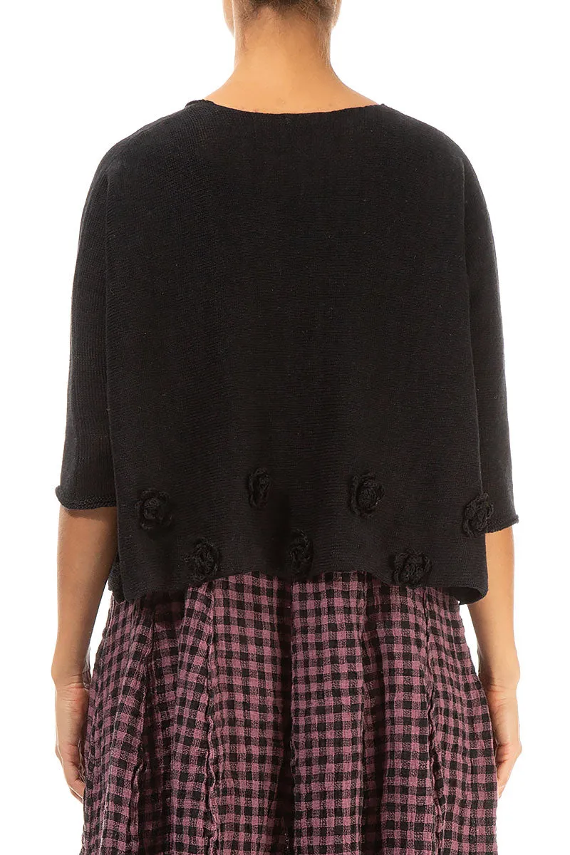 Flowers Decorated Black Linen Jumper