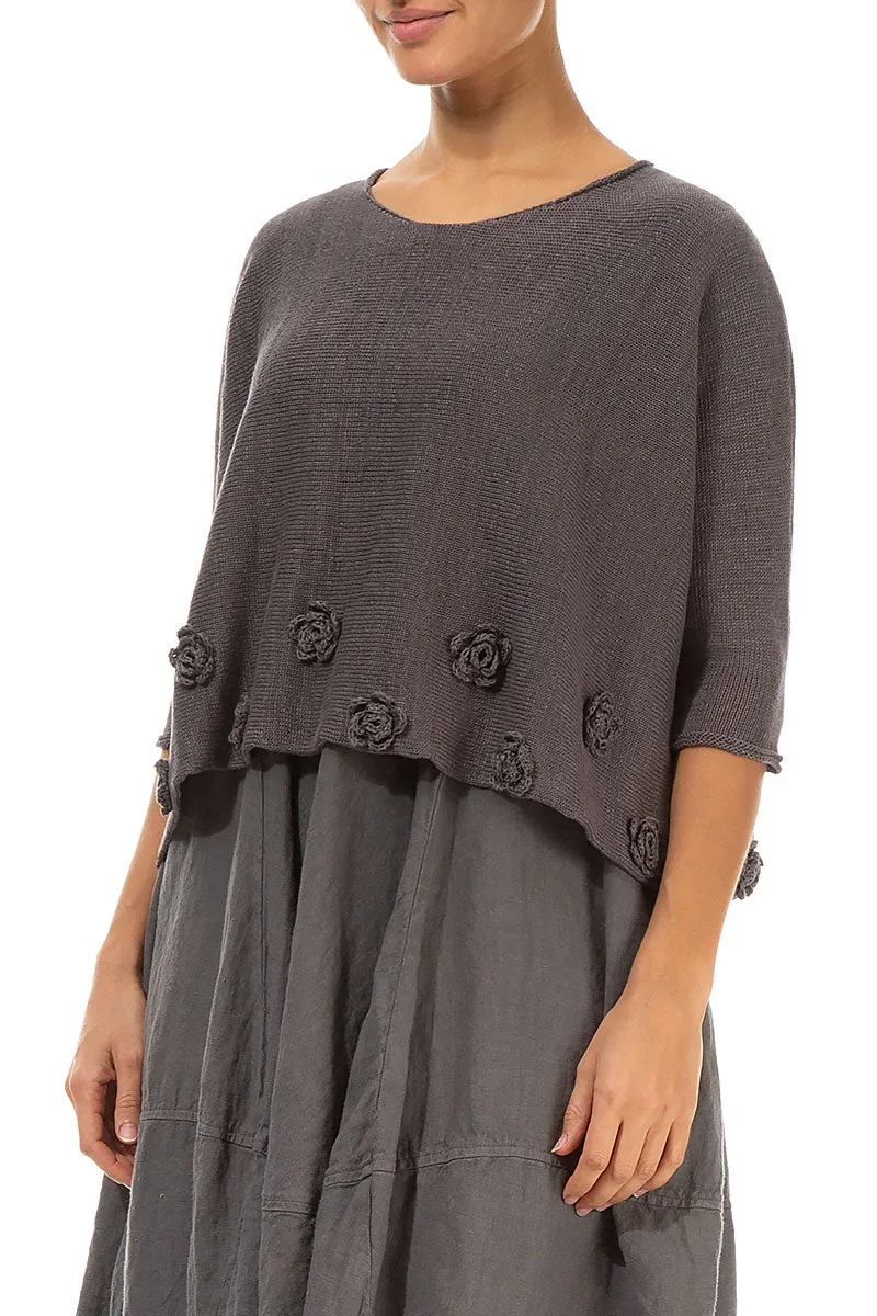 Flowers Decorated Brown Linen Jumper
