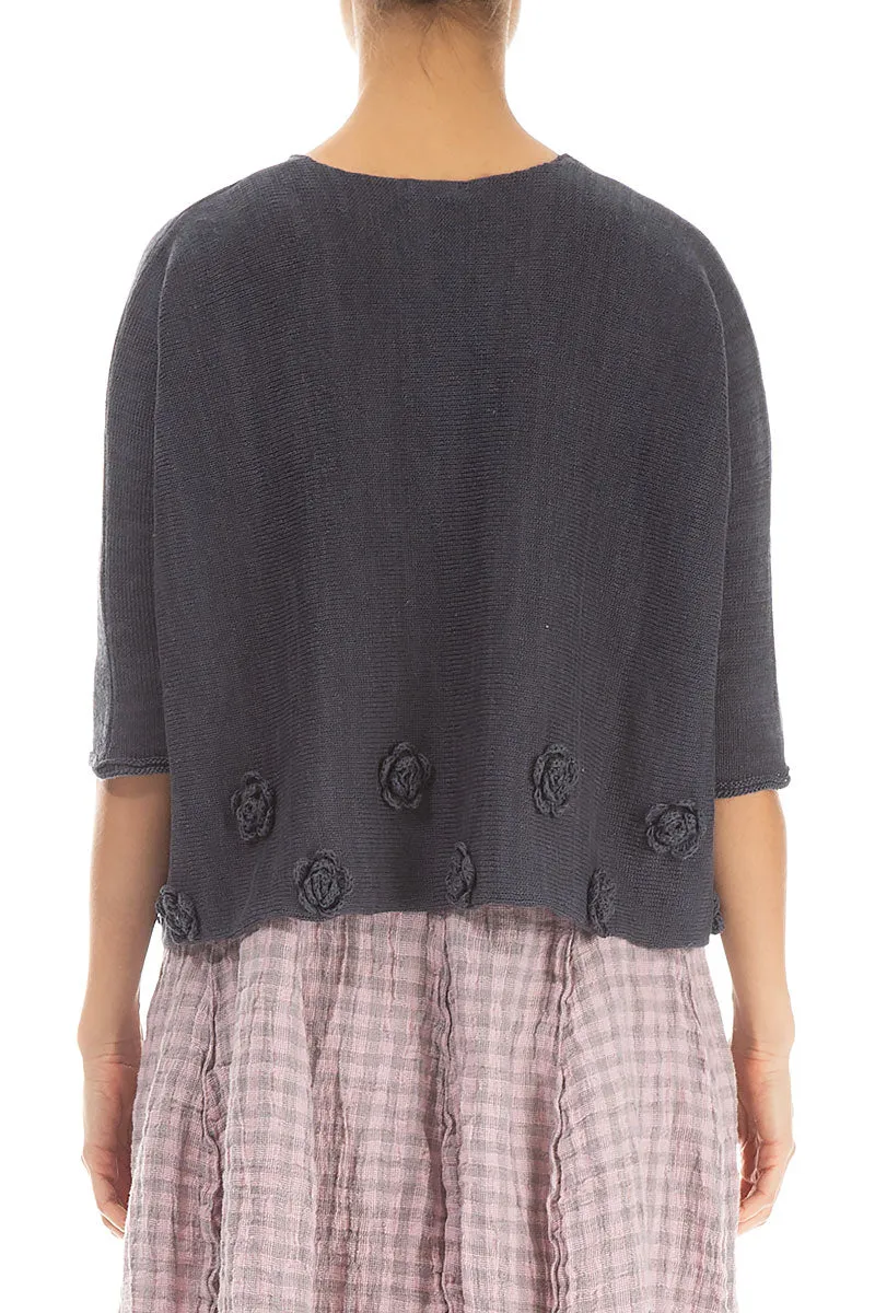 Flowers Decorated Graphite Linen Jumper