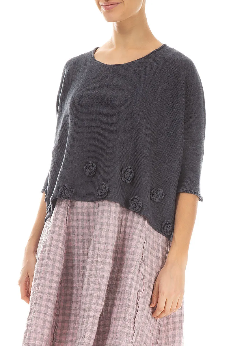 Flowers Decorated Graphite Linen Jumper