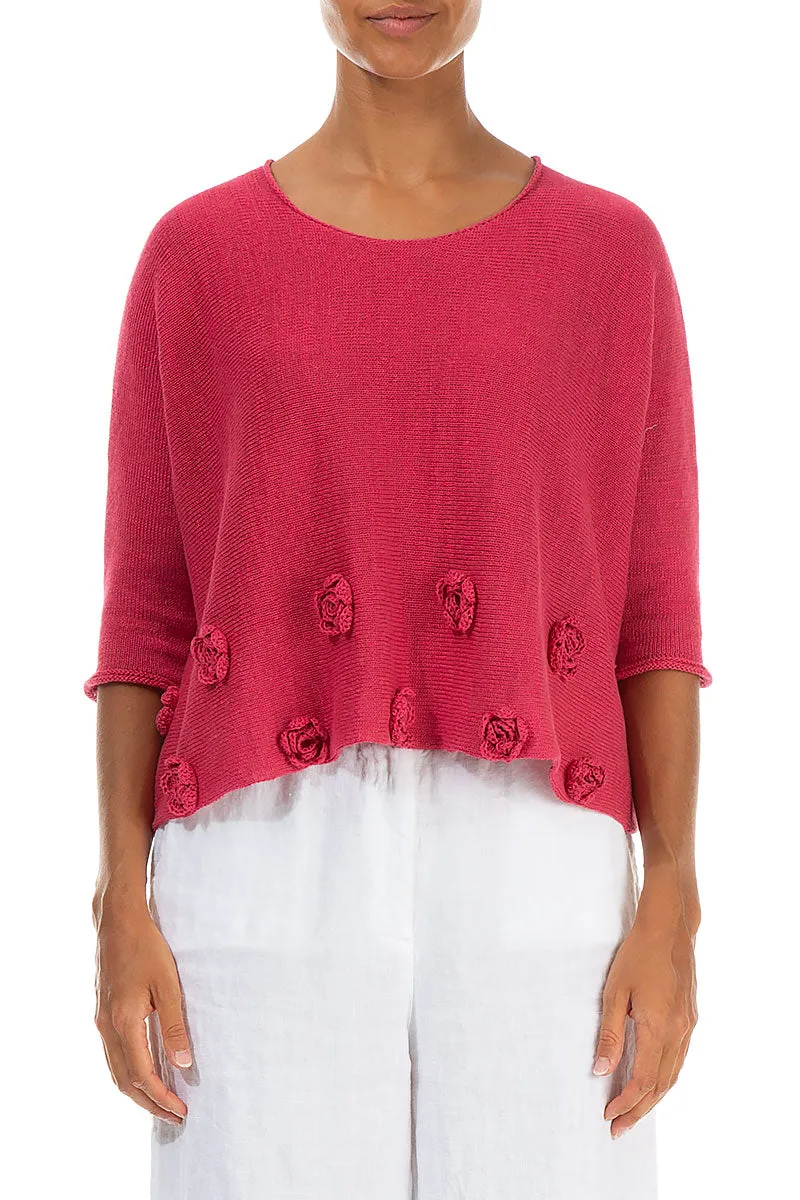 Flowers Decorated Raspberry Linen Jumper