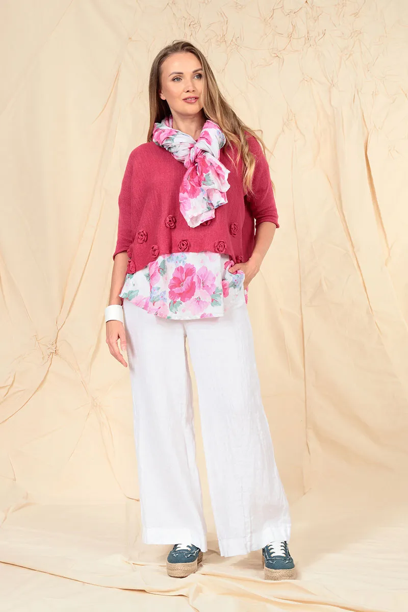 Flowers Decorated Raspberry Linen Jumper