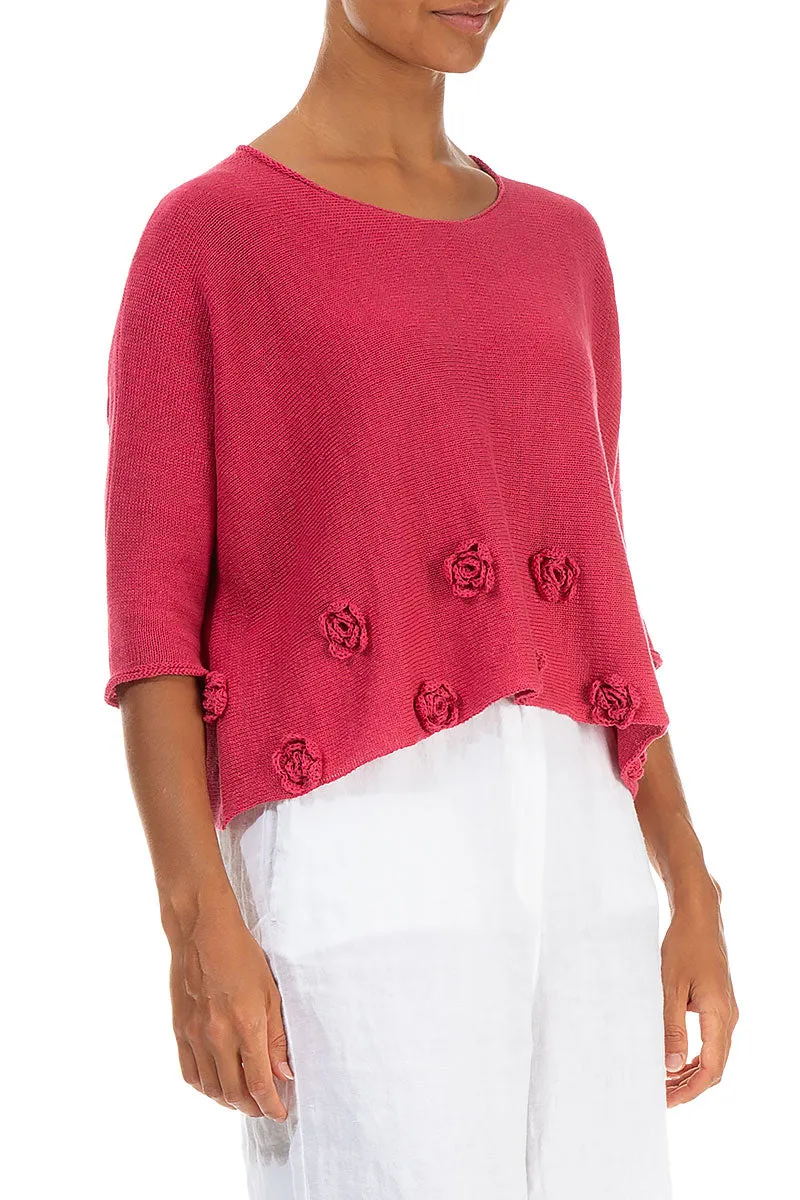 Flowers Decorated Raspberry Linen Jumper