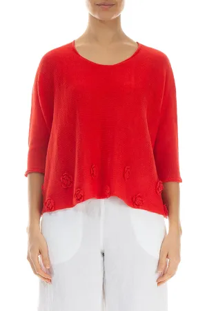 Flowers Decorated Red Linen Jumper