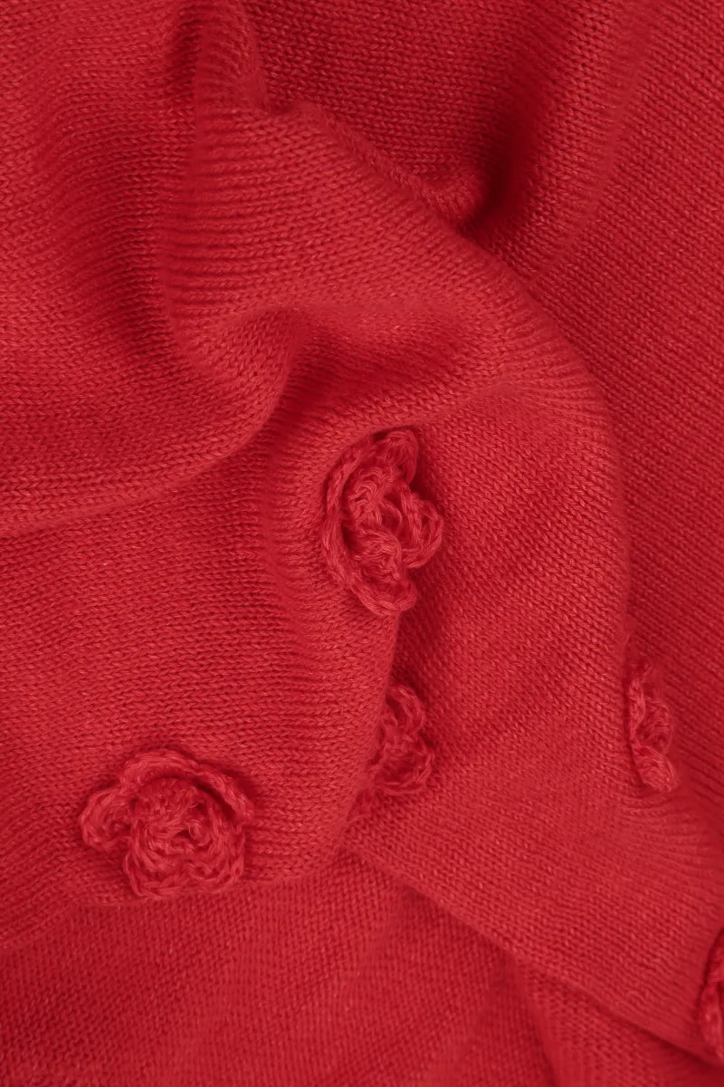 Flowers Decorated Red Linen Jumper