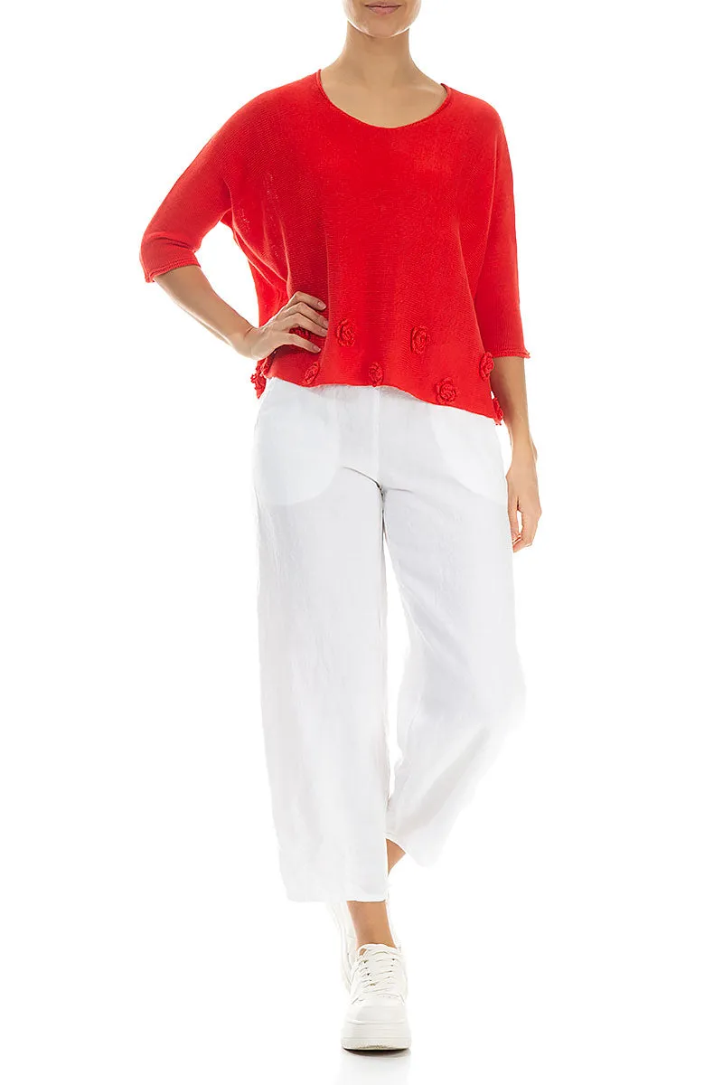 Flowers Decorated Red Linen Jumper