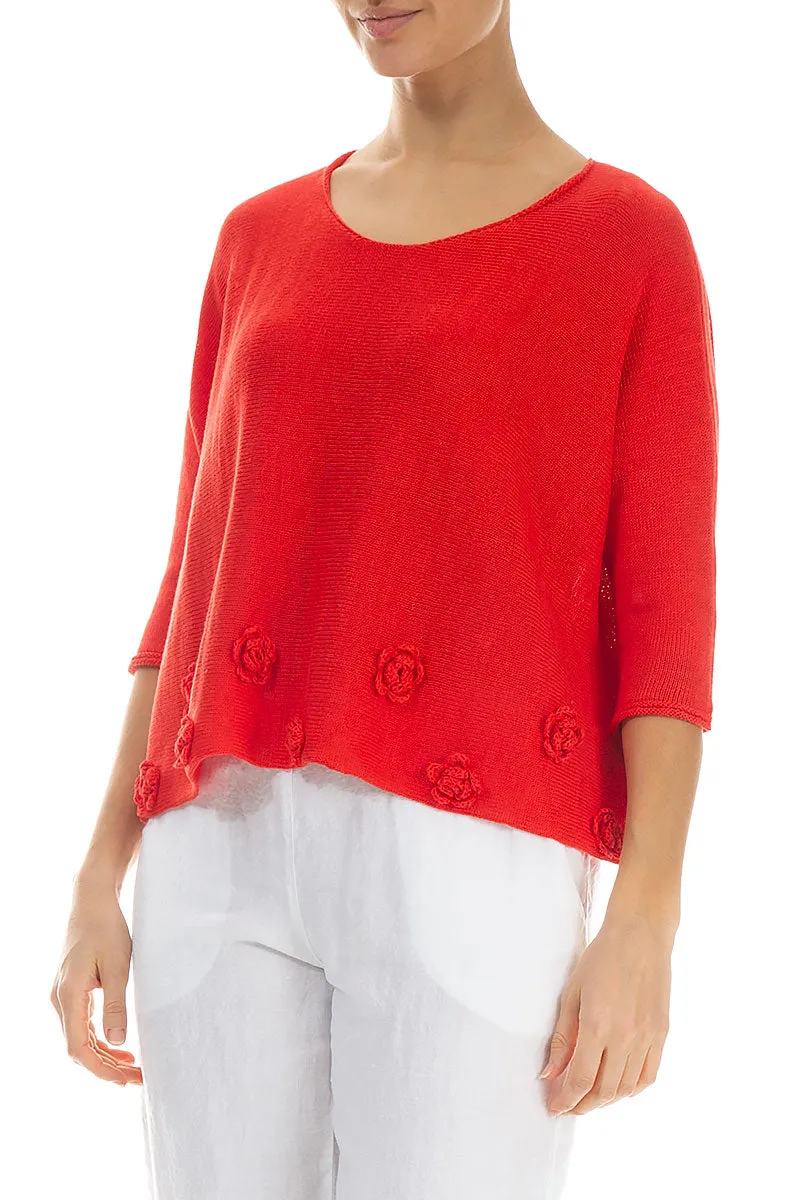 Flowers Decorated Red Linen Jumper