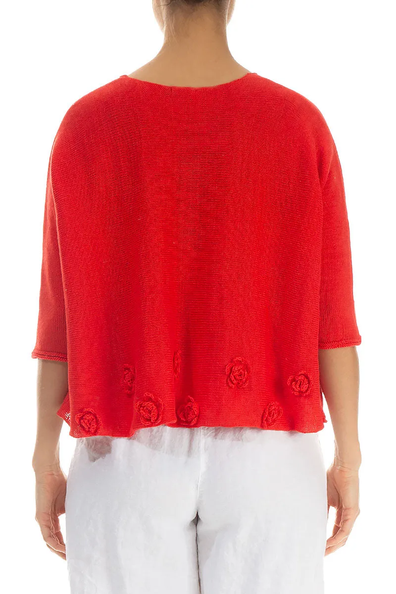 Flowers Decorated Red Linen Jumper