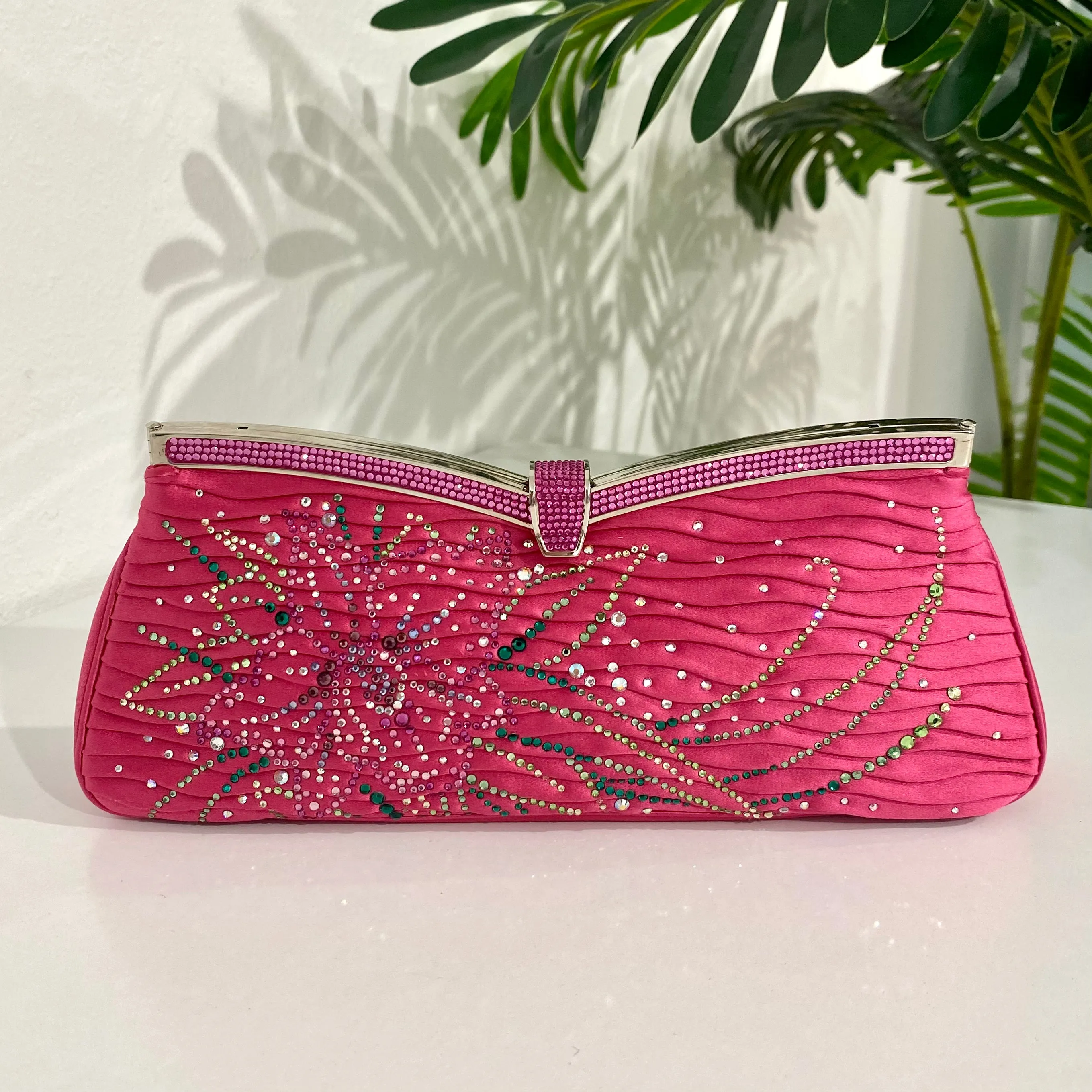 Judith Leiber Pink Crystal Satin Clutch