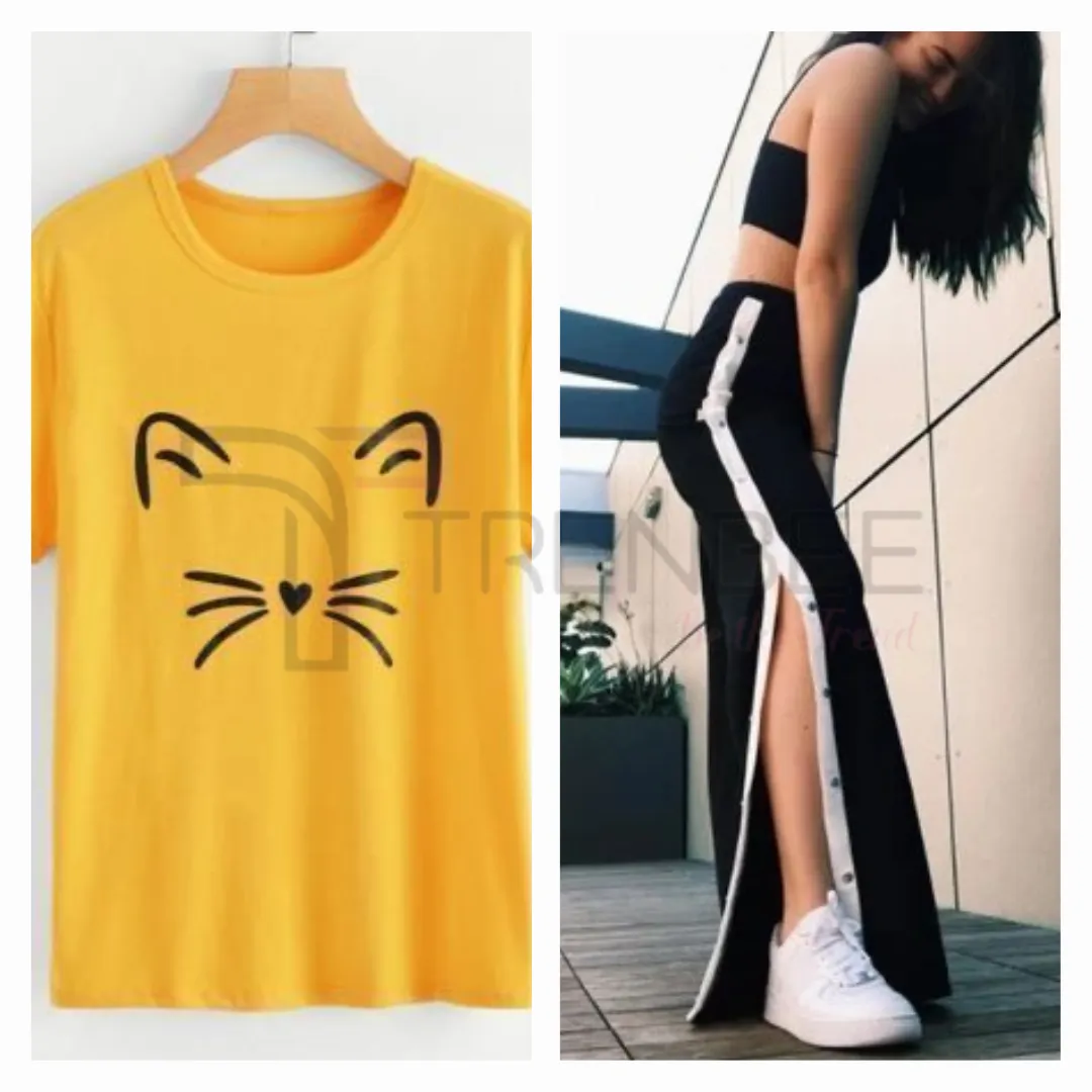 Set of Side button tapped pants and Meow Printed Colored Tees