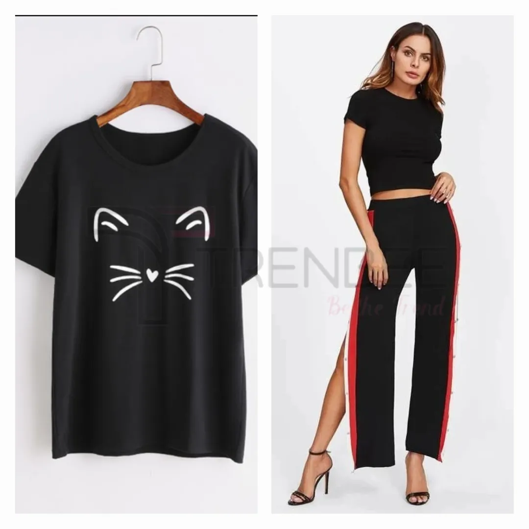 Set of Side button tapped pants and Meow Printed Colored Tees