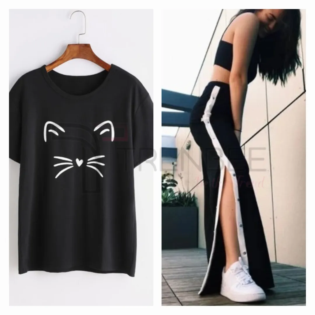 Set of Side button tapped pants and Meow Printed Colored Tees