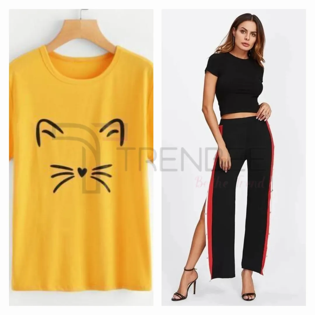 Set of Side button tapped pants and Meow Printed Colored Tees