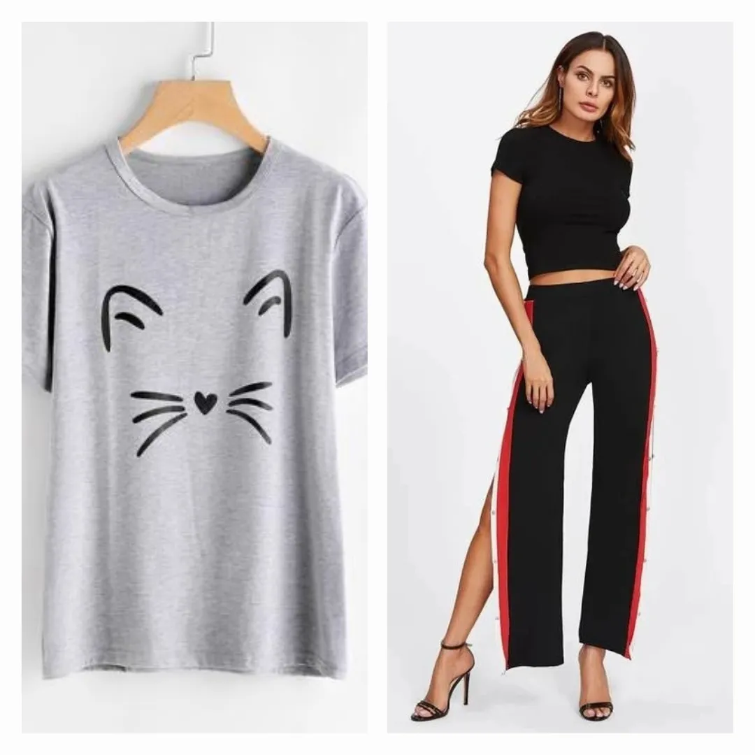 Set of Side button tapped pants and Meow Printed Colored Tees