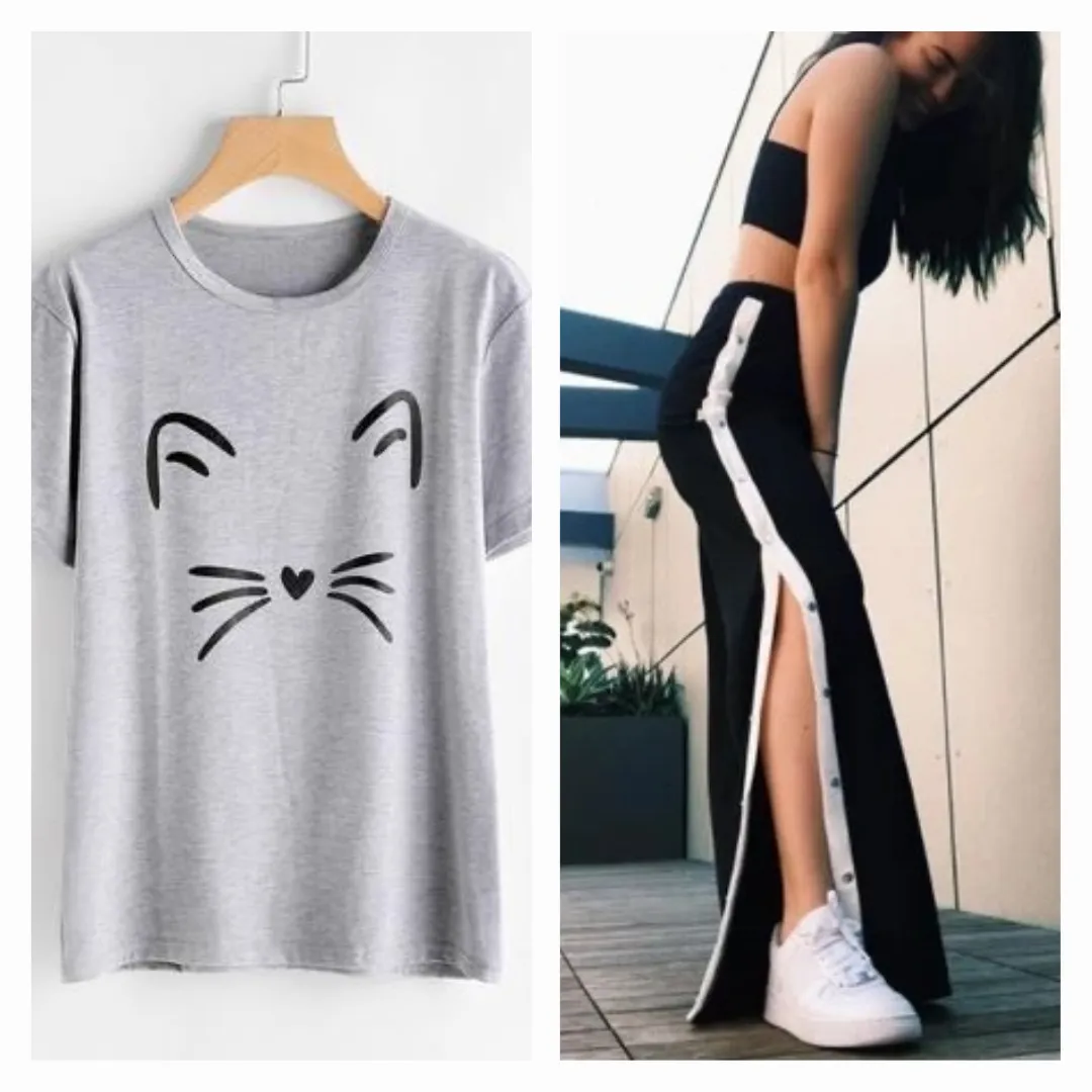Set of Side button tapped pants and Meow Printed Colored Tees