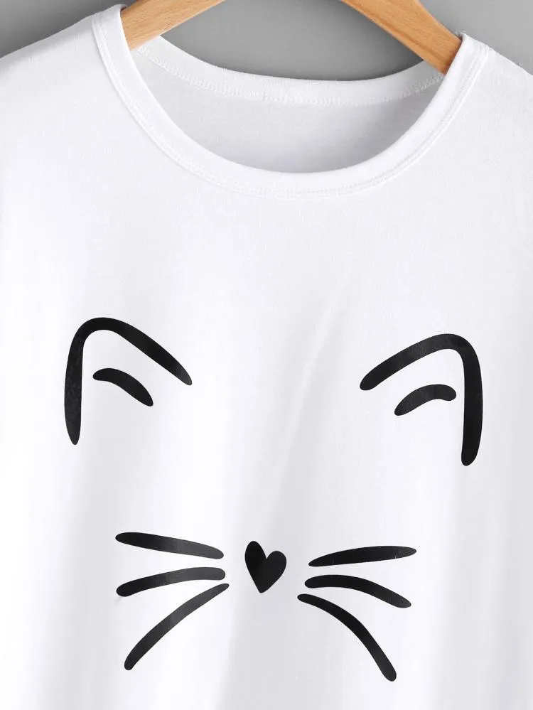 Set of Side button tapped pants and Meow Printed Colored Tees