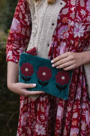 Velvet Triple Flower Pouch in Teal