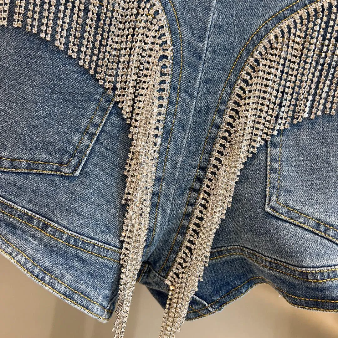 Women's Rhinestone Tassel Decorated Denim Shorts
